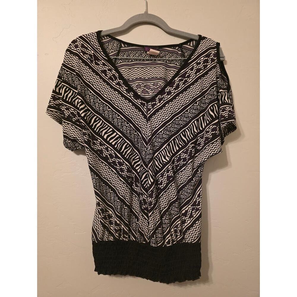 Boho Tribal Print Blouse Smocked Waist Sheer Top Black Cream Size Small
